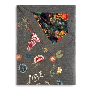NEW Johnny Was Rana Embroidered Throw Blanket Floral Bird Love Gray 50" x 70"